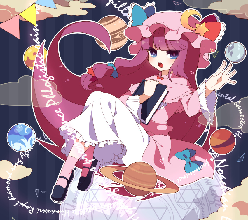 +_+ 1girl bangs black_footwear blue_background blue_bow blue_eyes blunt_bangs book bow capelet cloud commentary_request crescent english_text frilled_sleeves frills hair_bow hat hat_bow hexagram highres holding holding_book jupiter kozakura_(dictionary) long_hair long_sleeves magic_circle mob_cap open_mouth patchouli_knowledge pennant pink_headwear pink_legwear pink_shirt pink_skirt planet purple_hair red_bow saturn shirt shoes skirt socks solo source_quote star star-shaped_pupils string_of_flags striped striped_background symbol-shaped_pupils touhou very_long_hair