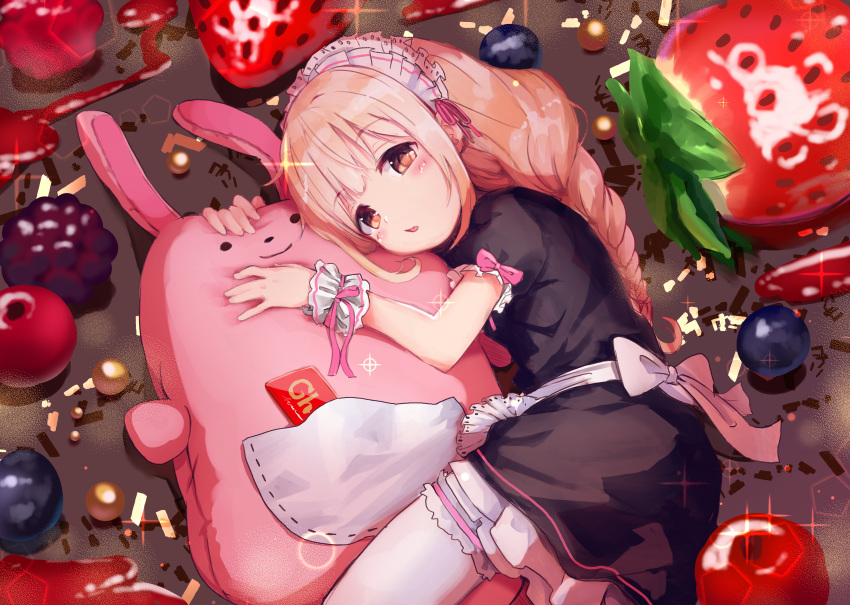 1girl absurdres arm_up back_bow black_dress blueberry bow braid brown_eyes bunny_pillow commentary_request dress food fruit futaba_anzu greatpengh highres huge_filesize idolmaster idolmaster_cinderella_girls light_brown_hair long_hair looking_at_viewer lying on_side parted_lips pillow pillow_hug pink_bow pink_ribbon puffy_short_sleeves puffy_sleeves ribbon short_sleeves solo strawberry thighhighs very_long_hair white_bow white_legwear wrist_cuffs