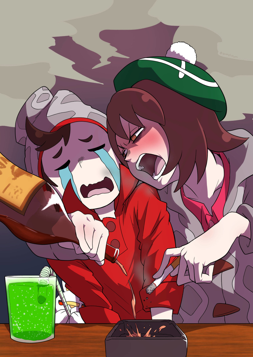 1boy 1girl absurdres alcohol angry ashtray bendy_straw beret blush bob_cut bottle brown_hair cigarette collared_shirt crying drink drinking drinking_straw drunk face-to-face female_protagonist_(pokemon_swsh) flushed gomesu_(gomes0343) green_headwear grey_sweater hat highres male_protagonist_(pokemon_swsh) melon_soda open_mouth pokemon pokemon_(creature) pokemon_(game) pokemon_swsh pom_pom_(clothes) pouring red_shirt scorbunny shirt shouting smoke streaming_tears sweater t_t tam_o'_shanter tears woollen_cap