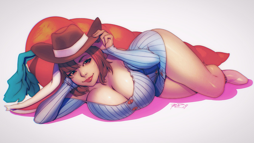 1girl bangs bare_shoulders barefoot breasts brown_eyes brown_hair bunny_ayumi buttons carrot cleavage commentary commission cowboy_hat english_commentary hat hat_tip highres huge_breasts legs light_smile lips lipstick looking_at_viewer lying makeup naked_sweater no_bra off-shoulder_sweater off_shoulder on_side oversized_object real_life ribbed_sweater robert_porter short_hair sleeves_past_wrists solo sweater thighs
