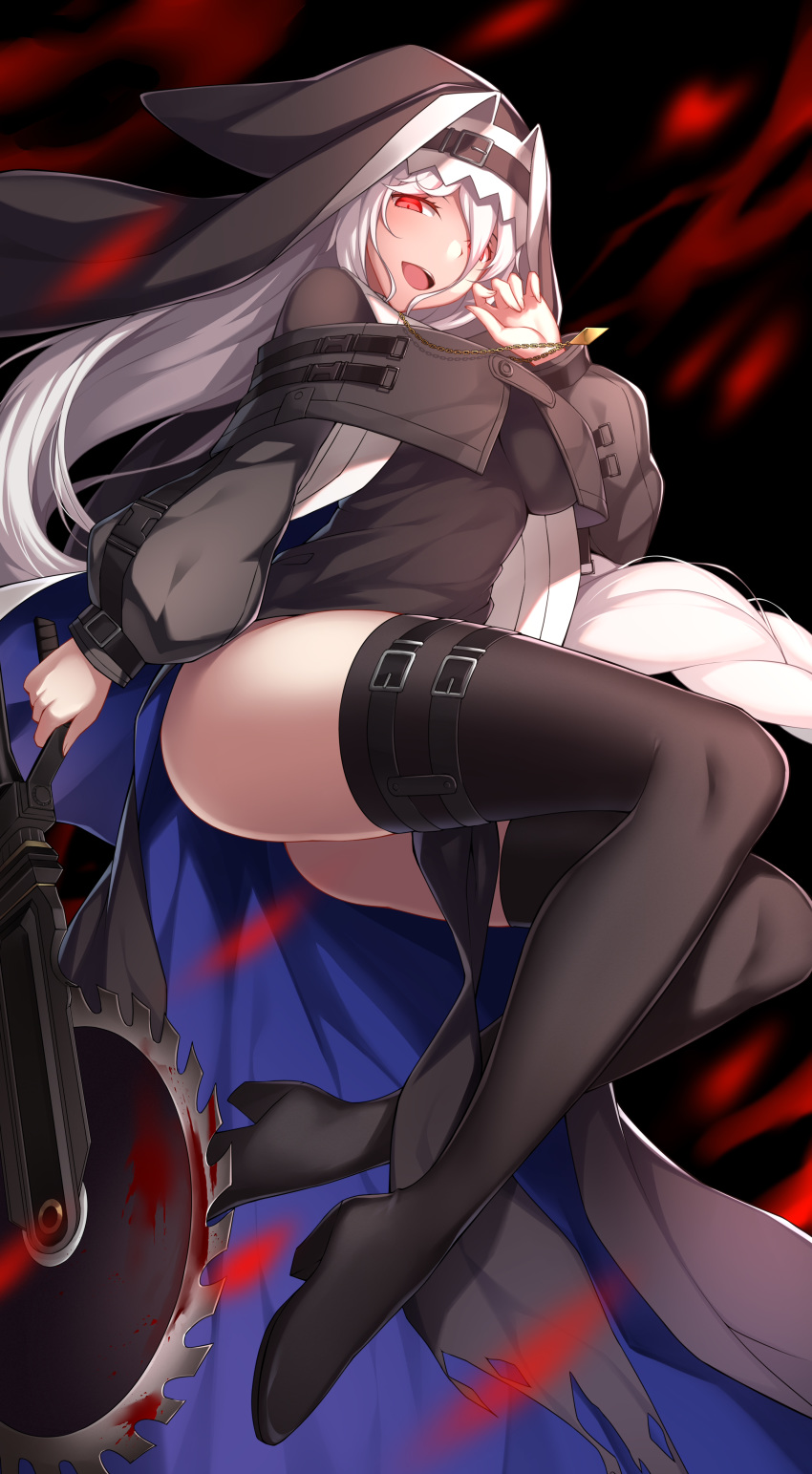 1girl absurdres arknights ass bangs belt belt_buckle black_belt black_capelet black_coat black_footwear black_headwear black_legwear blood boots breasts buckle capelet circular_saw coat commentary_request eyebrows_behind_hair full_body grey_hair habit hair_between_eyes hand_up highres holding holding_weapon jewelry long_hair long_sleeves looking_at_viewer medium_breasts necklace open_clothes open_coat pelvic_curtain red_eyes saw sidelocks smile solo specter_(arknights) thigh_boots thigh_strap thighhighs thighs weapon zhi_jiyang
