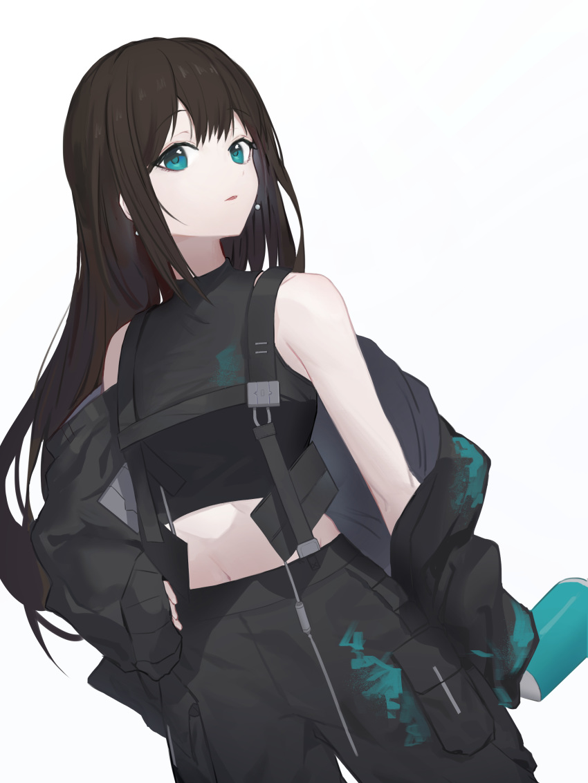 1girl absurdres aqua_eyes bangs black_jacket black_pants black_shirt breasts brown_hair commentary_request crop_top dutch_angle green_eyes highres holding idolmaster idolmaster_cinderella_girls jacket long_hair looking_at_viewer looking_to_the_side medium_breasts midriff mycash75 navel off-shoulder_jacket pale_skin pants parted_lips shibuya_rin shirt simple_background sleeves_past_wrists solo strap upper_body white_background