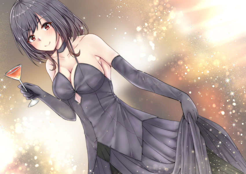 1girl bare_shoulders black_choker black_dress black_gloves black_hair blush breasts choker cleavage commentary_request cup dress dress_lift drinking_glass dutch_angle elbow_gloves eyebrows_visible_through_hair gloves hair_between_eyes holding holding_cup kantai_collection large_breasts long_dress looking_at_viewer red_eyes shohei_(piranha5hk) short_hair smile solo spaghetti_strap sparkle wine_glass yamashiro_(kantai_collection)