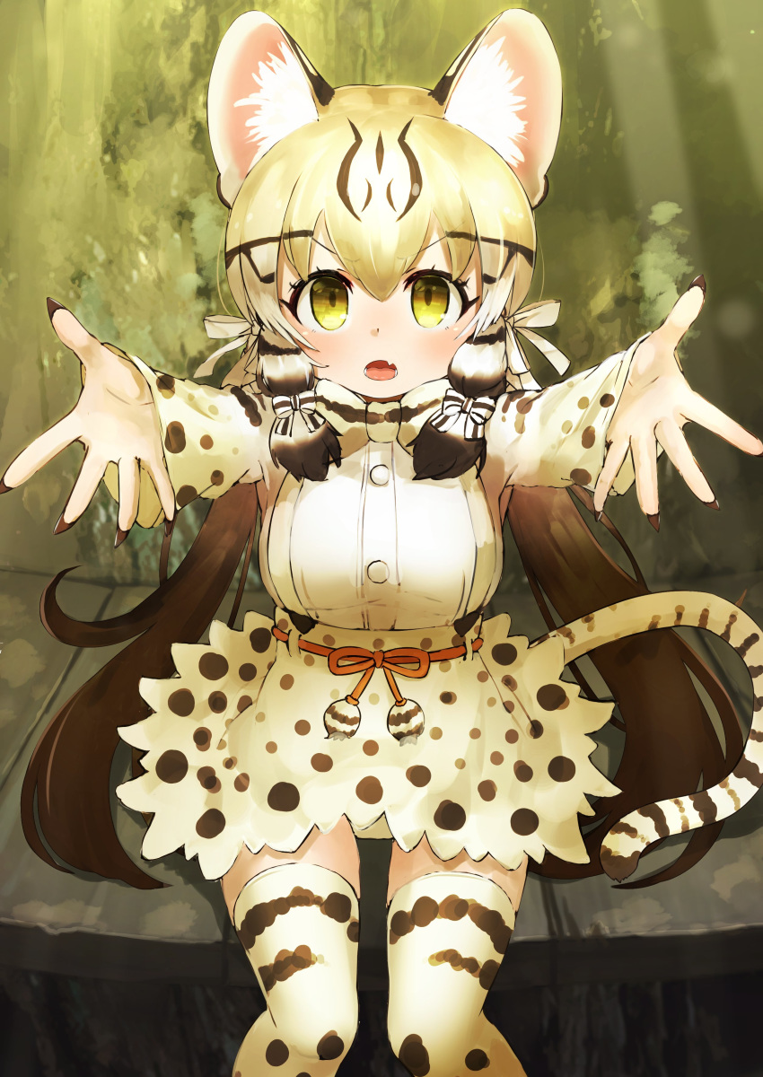 1girl :o absurdres animal_ear_fluff animal_ears animal_print bangs blonde_hair bow bowtie brown_hair carry_me cat_ears cat_tail commentary deku_suke eyebrows_visible_through_hair fang fingernails geoffroy's_cat_(kemono_friends) hair_between_eyes hair_ribbon highres kemono_friends long_fingernails long_hair long_sleeves low_twintails multicolored_hair outstretched_arms panties pantyshot print_legwear print_neckwear print_skirt print_sleeves reaching_out ribbon sharp_fingernails shirt sitting skin_fang skirt solo striped_tail tail thighhighs twintails two-tone_hair underwear v-shaped_eyebrows very_long_hair white_ribbon white_shirt yellow_eyes