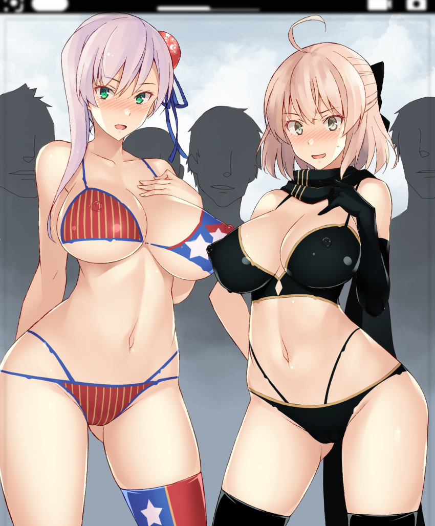 2girls ahoge american_flag_bikini asymmetrical_gloves asymmetrical_hair bangs bikini black_bikini black_bow black_gloves black_scarf bodypaint bow breasts bun_cover cellphone cellphone_camera cleavage cloud cloudy_sky cowboy_shot fate/grand_order fate_(series) flag_print gloves green_eyes grey_eyes hair_bow highleg highleg_bikini highres large_breasts layered_bikini miyamoto_musashi_(fate/grand_order) miyamoto_musashi_(swimsuit_berserker)_(fate) multi-strapped_bikini multicolored multicolored_clothes multicolored_swimsuit multiple_girls nakamura_yukitoshi naked_paint okita_souji_(fate)_(all) okita_souji_(swimsuit_assassin)_(fate) open_mouth painted_clothes phone print_swimsuit scarf silhouette single_glove single_sidelock single_thighhigh sky standing swept_bangs swimsuit thighhighs