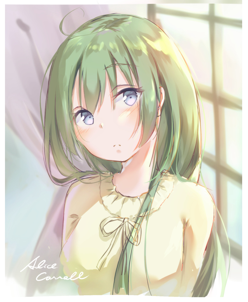 1girl alice_carroll aria bangs blue_eyes blush character_name curtains eyebrows_visible_through_hair green_hair head_tilt highres long_hair looking_at_viewer nut_megu portrait solo waking_up window