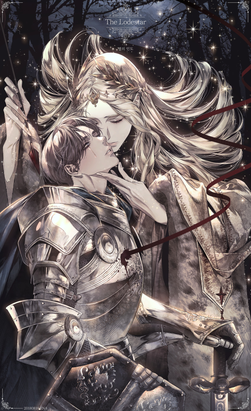 1boy 1girl absurdres armor arrow blonde_hair closed_eyes closed_mouth crying crying_with_eyes_open enaa hand_on_own_chin highres holding holding_arrow holding_sword holding_weapon long_hair looking_up open_mouth original shield short_hair soldier sword tears weapon