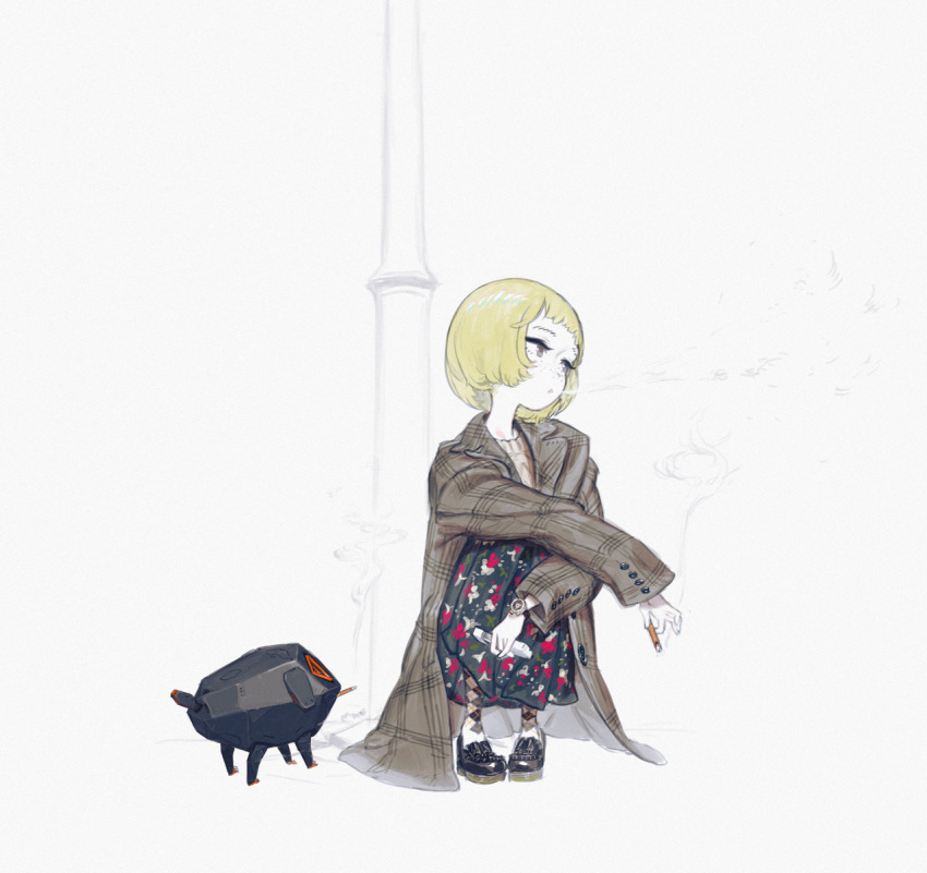 1girl asgr bangs black_footwear blonde_hair cigarette crossed_arms freckles grey_eyes highres long_coat long_sleeves looking_to_the_side original plaid_coat robot shiny_footwear shoes short_hair smoke squatting watch white_background wide_shot wristwatch