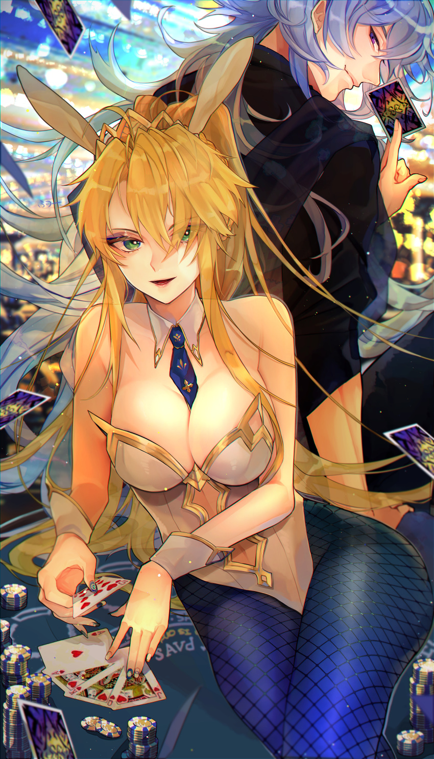 1boy 1girl absurdres animal_ears artoria_pendragon_(all) artoria_pendragon_(swimsuit_ruler)_(fate) bangs between_breasts blonde_hair blue_legwear blue_neckwear breasts bunny_ears bunny_girl bunnysuit card casino casino_card_table chromatic_aberration cleavage commentary detached_collar eyes_visible_through_hair fate/grand_order fate_(series) fishnet_pantyhose fishnets green_eyes hair_over_one_eye highres huge_filesize large_breasts leotard long_hair looking_at_viewer merlin_(fate) mishasimarina0130 nail_art nail_polish necktie necktie_between_breasts open_mouth pantyhose playing_card ponytail sidelocks silver_hair sitting smile wrist_cuffs
