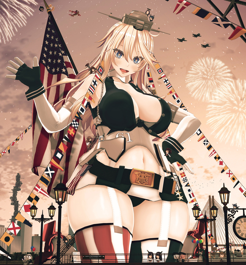 1girl absurdres aircraft airplane american_flag american_flag_legwear ashigara_(kantai_collection) atago_(kantai_collection) balloon bare_shoulders blonde_hair blue_eyes blush breasts chain character_request cityscape clock cloud commentary custom_maid_3d_2 ffkw fingerless_gloves fireworks flag flag_print front-tie_top fusou_(kantai_collection) gambier_bay_(kantai_collection) garter_straps gloves hair_between_eyes hand_on_hip headgear highres iowa_(kantai_collection) kantai_collection lamppost large_breasts long_hair miniskirt mismatched_legwear murakumo_(kantai_collection) mutsu_(kantai_collection) navel open_mouth railing sendai_(kantai_collection) size_difference skirt sky star star-shaped_pupils striped striped_legwear symbol-shaped_pupils takao_(kantai_collection) tatsuta_(kantai_collection) tenryuu_(kantai_collection) thighhighs thighs vertical-striped_legwear vertical-striped_skirt vertical_stripes waving yamashiro_(kantai_collection) yamato_(kantai_collection) z1_leberecht_maass_(kantai_collection) z3_max_schultz_(kantai_collection)