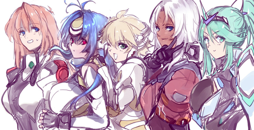 android armor bangs blonde_hair blue_eyes blue_hair blush bodysuit breasts cleavage cyborg dark_skin elbow_gloves elhaym_van_houten elma_(xenoblade_x) fiorun forehead_protector gloves green_eyes green_hair hair_ornament headpiece highres hug kos-mos large_breasts long_hair looking_at_viewer monolith_soft multiple_girls negresco one_eye_closed open_mouth orange_hair pneuma_(xenoblade_2) ponytail red_eyes red_hair short_hair simple_background smile spoilers square_enix swept_bangs tiara uniform very_long_hair white_hair xenoblade_(series) xenoblade_1 xenoblade_2 xenoblade_chronicles_x xenogears xenosaga xenosaga_episode_i