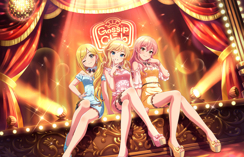 3girls bangs bare_arms bare_legs bare_shoulders blonde_hair blue_dress blue_eyes bow bracelet breasts brown_eyes choker crossed_legs disco_ball dress earrings eyebrows_visible_through_hair frilled_choker frills fujimoto_rina girl_sandwich grey_eyes gyaru hand_on_hip idolmaster idolmaster_cinderella_girls idolmaster_cinderella_girls_starlight_stage jewelry jougasaki_mika lace lace-trimmed_dress legs long_hair looking_at_viewer medium_breasts multiple_girls neon_lights official_art one_eye_closed ootsuki_yui open_mouth open_toe_shoes pink_dress pink_hair platform_footwear platform_heels ponytail sandwiched sexy_gals_(idolmaster) sitting smile stage stage_curtains stage_lights thigh_strap v yellow_dress