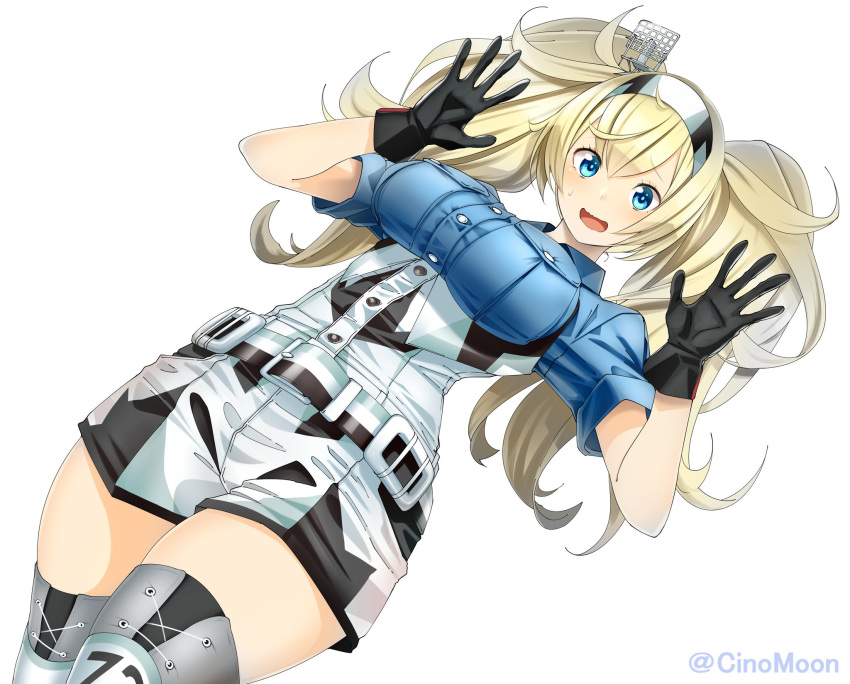 1girl bangs belt blonde_hair blue_eyes blue_shirt blush breast_pocket breasts buttons collared_shirt eyebrows_visible_through_hair eyelashes gambier_bay_(kantai_collection) gloves hairband highres kantai_collection long_hair medium_breasts multicolored multicolored_clothes multicolored_gloves open_mouth pocket shirt short_sleeves shorts simple_background solo sweat tatsu_shinomu twintails twitter_username wavy_mouth white_background
