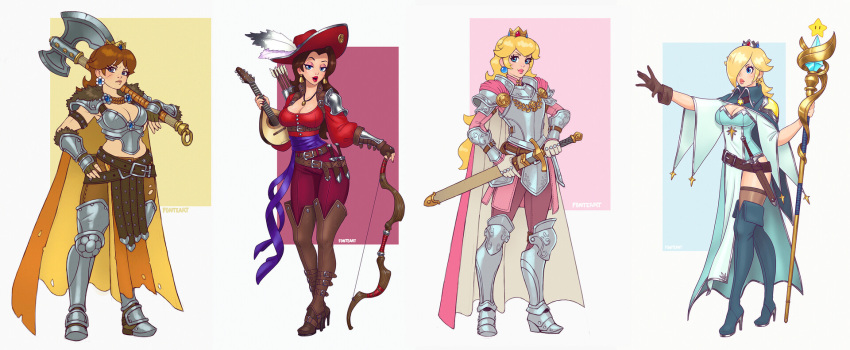 4girls adapted_costume alternate_costume alternate_universe armor arrow axe blonde_hair boots bow_(weapon) breasts brown_gloves brown_hair cape cleavage commentary crown dagger diego_fonteriz earrings english_commentary fantasy fingerless_gloves full_body fur_trim gloves hair_over_one_eye hat hat_feather high_heel_boots high_heels highres holding holding_weapon instrument jewelry long_hair looking_at_viewer lute_(instrument) mario_(series) mini_crown multiple_girls pauline_(mario) princess_daisy princess_peach quiver red_headwear rosalina scabbard scar sheath shoulder_armor single_glove staff standing super_mario_galaxy super_mario_odyssey sword thigh_boots thighhighs thighhighs_under_boots weapon