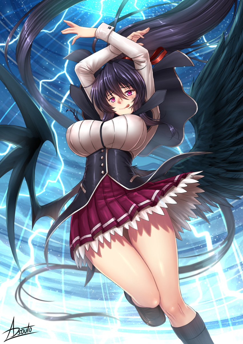 1girl adsouto angel_wings bat_wings black_hair black_wings blush breasts commentary demon_wings english_commentary feathered_wings high_school_dxd highres himejima_akeno kuoh_academy_school_uniform large_breasts large_wings lightning long_hair long_ponytail looking_at_viewer pleated_skirt ponytail purple_eyes ribbon school_uniform skirt smile socks solo very_long_hair wings