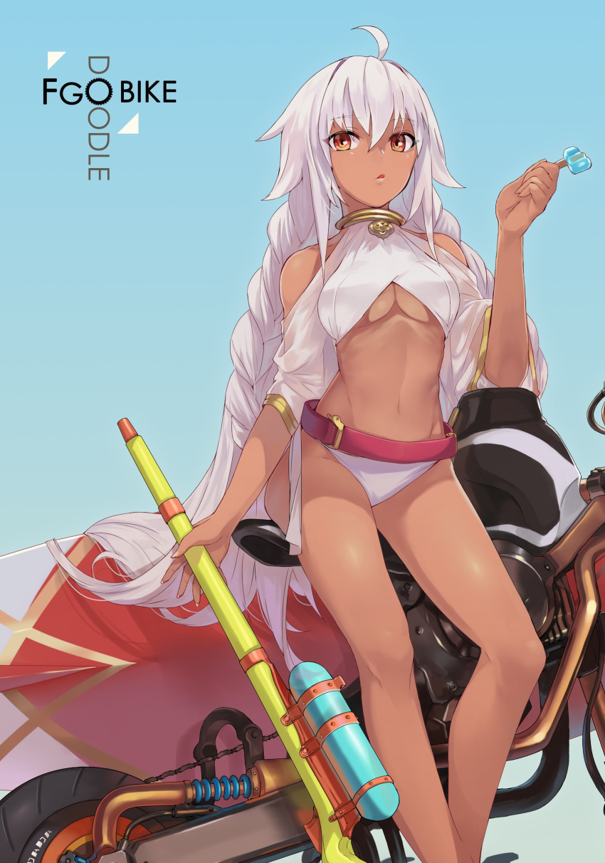 1girl absurdres ahoge bangs bare_legs bare_shoulders belt bikini bracelet braid breasts commentary_request dark_skin eyebrows_visible_through_hair fate/grand_order fate_(series) food foot_out_of_frame gradient gradient_background ground_vehicle highres holding jewelry lakshmibai_(fate/grand_order) lips long_hair looking_at_viewer medium_breasts motor_vehicle motorcycle navel ohland popsicle red_eyes shiny shiny_skin simple_background solo swimsuit tied_hair tongue tongue_out underboob water_gun white_hair wristband