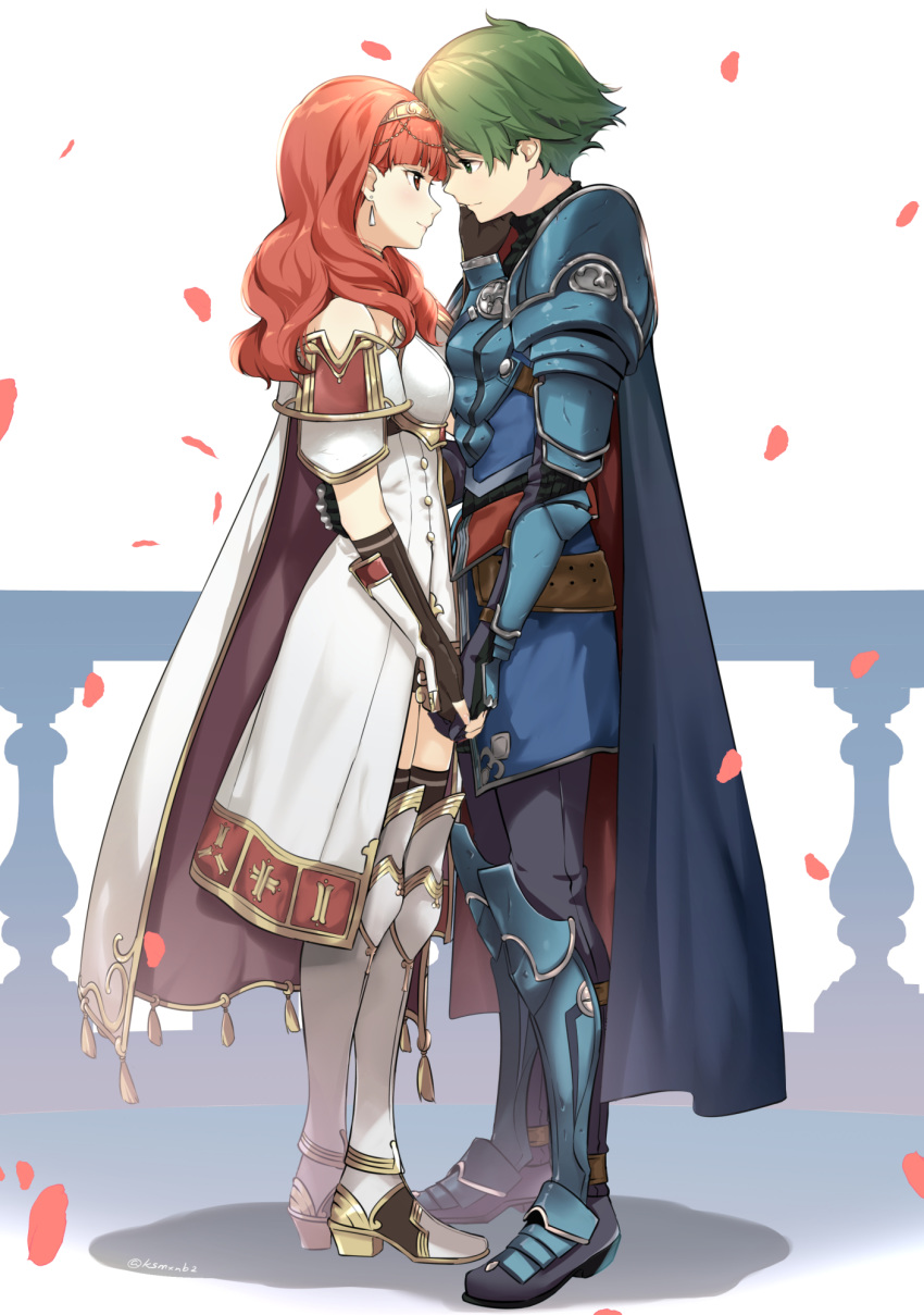 1boy 1girl alm_(fire_emblem) armor armored_boots black_legwear bodysuit boots cape celica_(fire_emblem) couple dress earrings face-to-face fingerless_gloves fire_emblem fire_emblem_echoes:_shadows_of_valentia full_body gloves green_eyes green_hair hairband hand_on_another's_face hetero highres holding_hands jewelry looking_at_another medium_hair misu_kasumi pants petals railing red_eyes red_hair ribbed_bodysuit shin_guards short_hair simple_background smile standing thigh_boots thighhighs thighhighs_under_boots thighs twitter_username white_background white_dress white_footwear