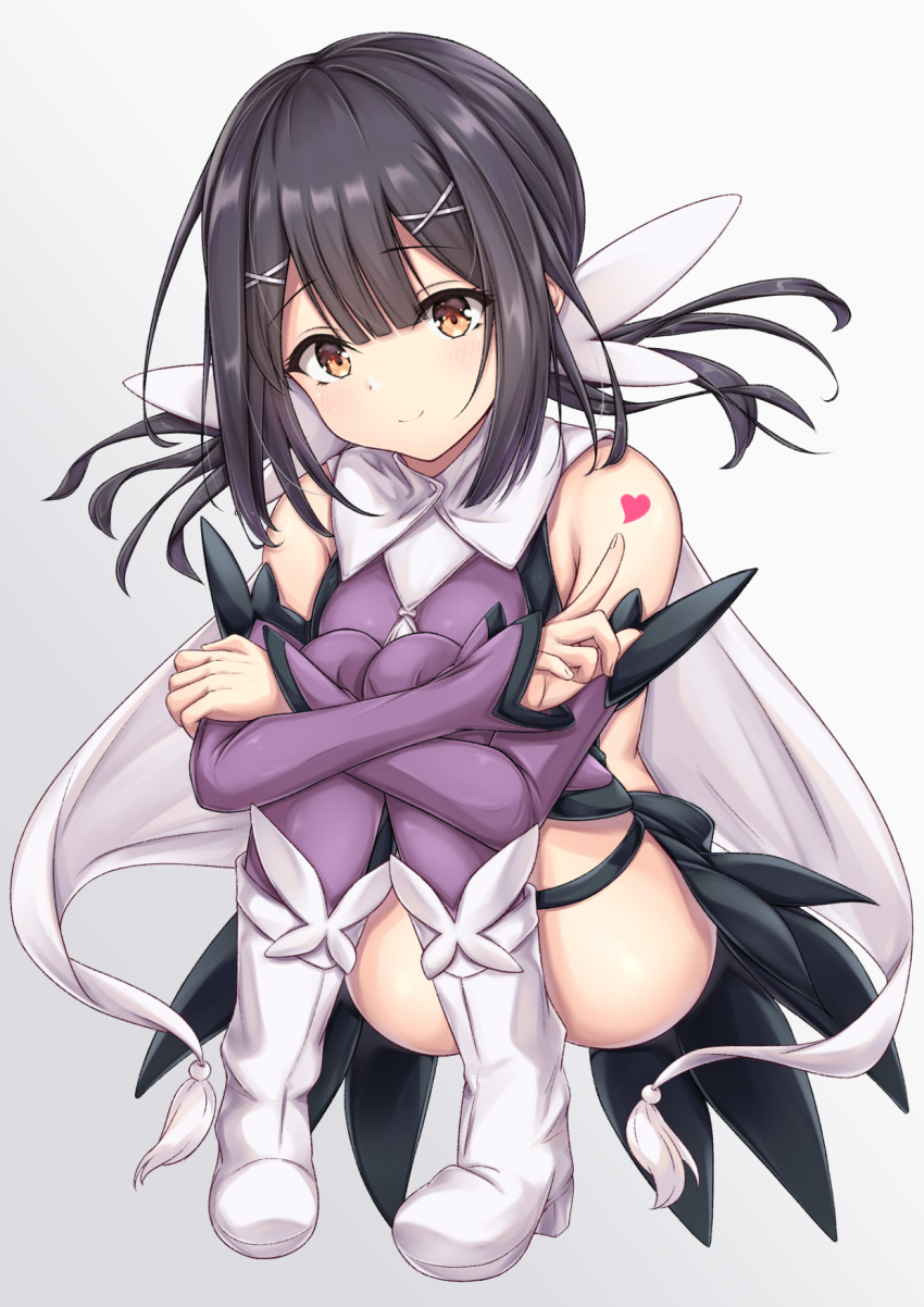 1girl ass bangs bare_shoulders black_hair blush boots breasts brown_eyes commentary_request eyebrows_visible_through_hair fate/kaleid_liner_prisma_illya fate_(series) hair_between_eyes hair_ornament hair_ribbon hairclip heart highres long_hair long_sleeves looking_at_viewer miyu_edelfelt ribbon simple_background small_breasts smile solo thighhighs twintails white_background white_footwear white_ribbon y3010607
