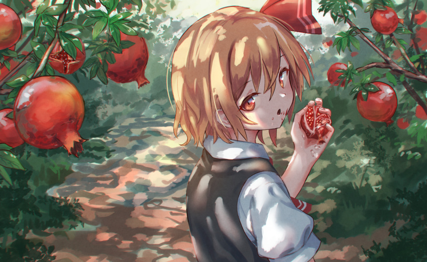 1girl :o bangs black_vest blonde_hair blush commentary eating eyebrows_visible_through_hair food food_on_face from_behind fruit fruit_tree hair_between_eyes hair_ribbon head_tilt holding holding_food holding_fruit leaf looking_at_viewer looking_back messy open_mouth outdoors pomegranate puffy_short_sleeves puffy_sleeves red_eyes red_neckwear red_ribbon ribbon roke_(taikodon) rumia shirt short_hair short_sleeves solo touhou tree upper_body vest white_shirt