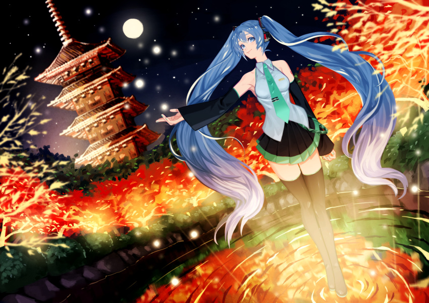 1girl autumn blue_eyes blue_hair boots commentary detached_sleeves dutch_angle forest full_moon hatsune_miku headphones headset highres juu_satoshi kyoto long_hair moon nature necktie outstretched_arm pagoda ripples solo standing standing_on_liquid thigh_boots thighhighs twintails very_long_hair vocaloid zettai_ryouiki