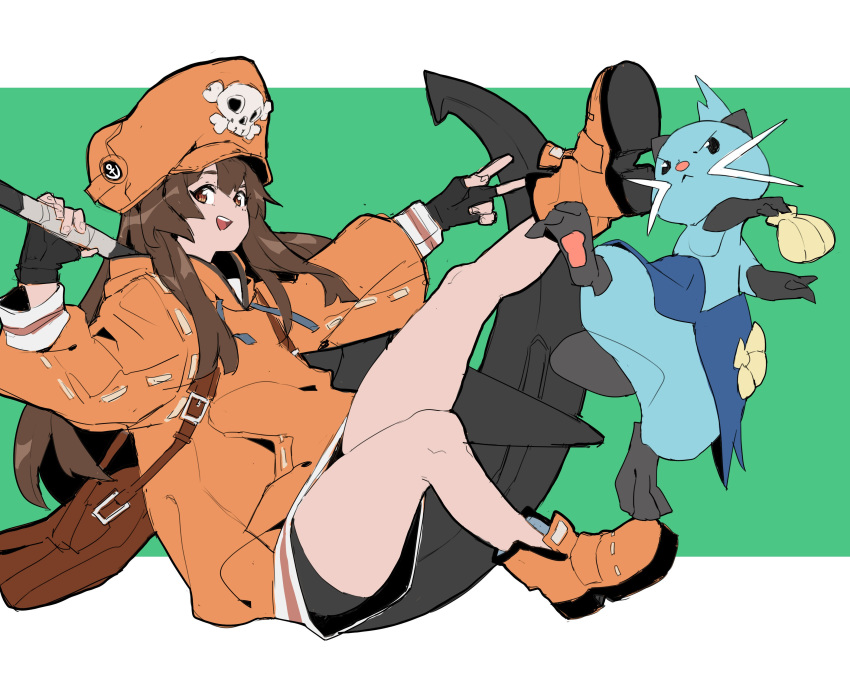 1girl absurdres anchor backpack bag baggy_clothes black_shorts brown_hair crossover dewott fingerless_gloves gen_5_pokemon gloves guilty_gear guilty_gear_2020 hat highres holding holding_weapon hood hoodie long_hair long_sleeves makai may_(guilty_gear) orange_eyes orange_headwear orange_shirt pirate_hat pokemon pokemon_(creature) pokemon_(game) pokemon_bw pose shirt shoes shorts smile v weapon