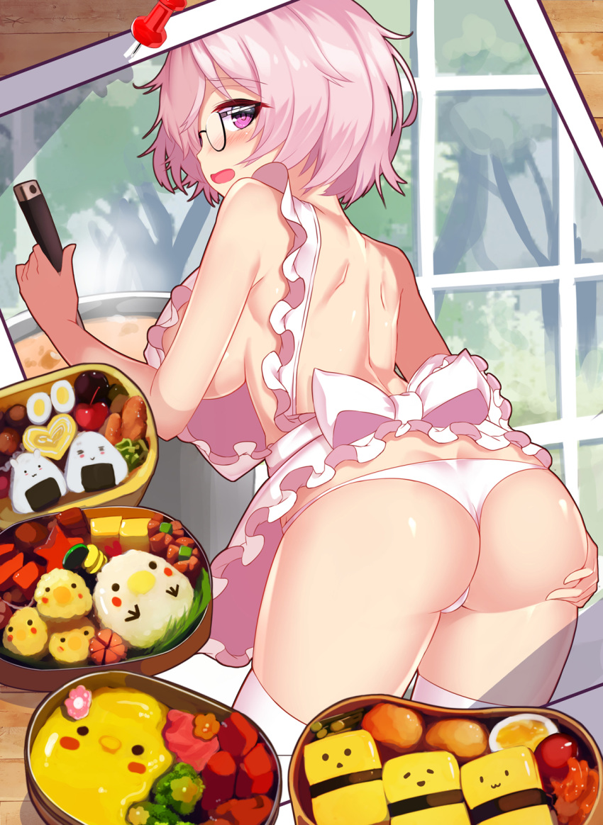 1girl apron ass bare_back blush bow breasts cooking fate/grand_order fate_(series) frilled_apron frills from_behind glasses highres ladle large_breasts lavender_hair leaning_forward looking_at_viewer looking_back mash_kyrielight nearly_naked_apron obentou open_mouth panties photo_(object) pin pot purple_eyes sideboob solo thighhighs underwear white_apron white_bow white_legwear white_panties window yuruto