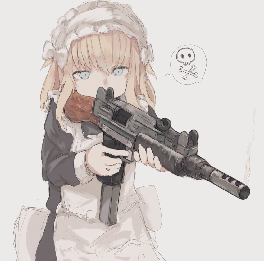 1girl aiming apron aqua_eyes bangs black_dress blonde_hair bow commentary dress frilled_apron frills grey_background gun hair_bow highres holding holding_gun holding_weapon imi_uzi long_hair long_sleeves lxx maid maid_apron maid_headdress original skull_and_crossbones solo spoken_skull submachine_gun weapon white_apron white_bow