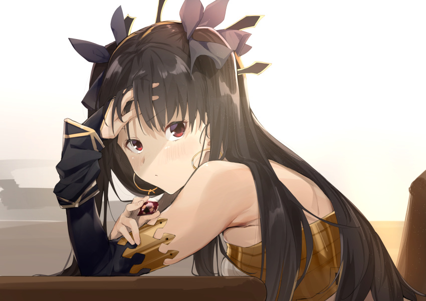 1girl armlet bangs black_hair blush breasts bridal_gauntlets closed_mouth earrings fate/grand_order fate_(series) gem highres hoop_earrings infinity ishtar_(fate/grand_order) jewelry long_hair looking_at_viewer medium_breasts neck_ring parted_bangs red_eyes single_sleeve sitting solo table two_side_up uno_ryoku