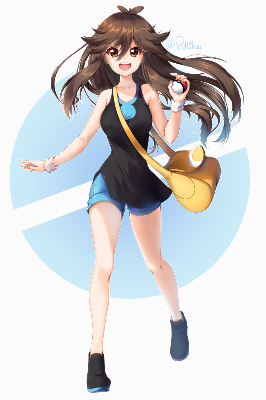 1girl :d black_footwear black_shirt blue_(pokemon) blue_shorts brown_eyes brown_hair collarbone eyebrows_visible_through_hair floating_hair full_body hair_between_eyes highres holding holding_poke_ball long_hair looking_at_viewer nail_polish open_mouth pattiko pink_nails poke_ball poke_ball_(generic) poke_ball_print pokemon pokemon_(game) pokemon_lgpe shirt short_shorts shorts sleeveless sleeveless_shirt smile solo standing twitter_username very_long_hair white_background wristband yellow_bag