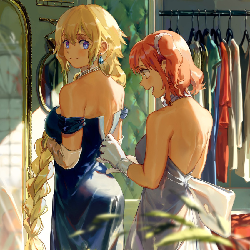 2girls back backless_dress backless_outfit bangs bare_shoulders blonde_hair blue_dress blue_eyes blurry blurry_foreground braid braided_ponytail breasts clothes_hanger depth_of_field dress dressing_another earrings elbow_gloves eyebrows_visible_through_hair fate/apocrypha fate/grand_order fate_(series) fujimaru_ritsuka_(female) full-length_mirror gloves hair_over_shoulder highres indoors jeanne_d'arc_(fate) jeanne_d'arc_(fate)_(all) jewelry long_hair looking_back medium_breasts mirror multiple_girls necklace one_side_up open_mouth pearl_necklace pink_hair profile short_hair sidelocks single_braid smile standing strapless strapless_dress tamomoko very_long_hair white_dress white_gloves zipping