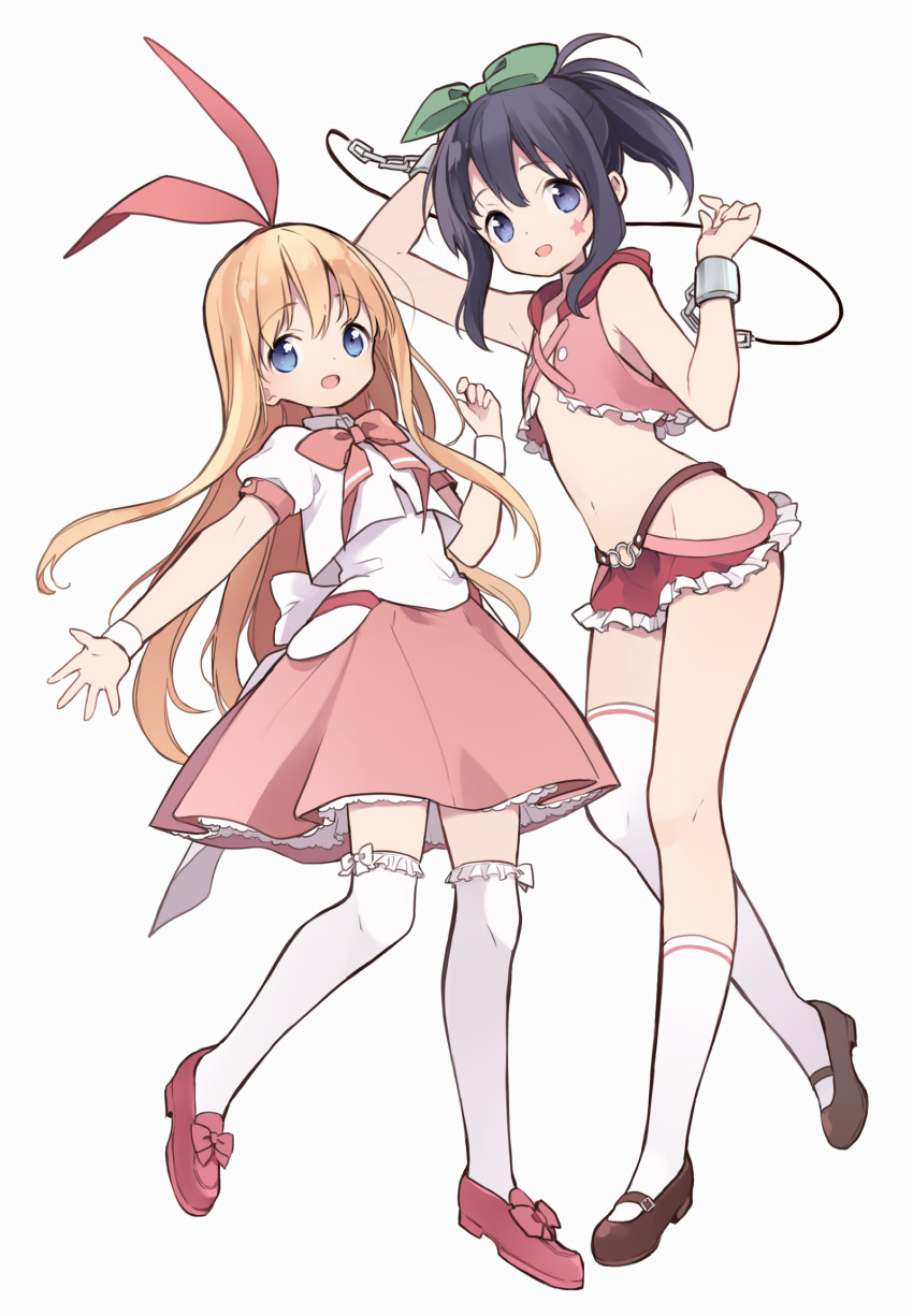 2girls :d amae_koromo arms_up asymmetrical_legwear bangs bare_shoulders black_hair blonde_hair blue_eyes bow brown_footwear chain cuffs eyebrows_visible_through_hair facial_mark frilled_legwear green_bow grey_background groin hair_between_eyes hair_bow hair_ribbon hand_up highres itsumi_(itumiyuo) kneehighs kunihiro_hajime long_hair looking_at_viewer multiple_girls navel open_mouth outstretched_arm pink_footwear pink_skirt pleated_skirt puffy_short_sleeves puffy_sleeves red_bow red_ribbon revealing_clothes ribbon saki shackles shirt shoes short_sleeves simple_background single_kneehigh single_thighhigh skirt smile star thighhighs very_long_hair white_background white_legwear white_shirt wrist_cuffs