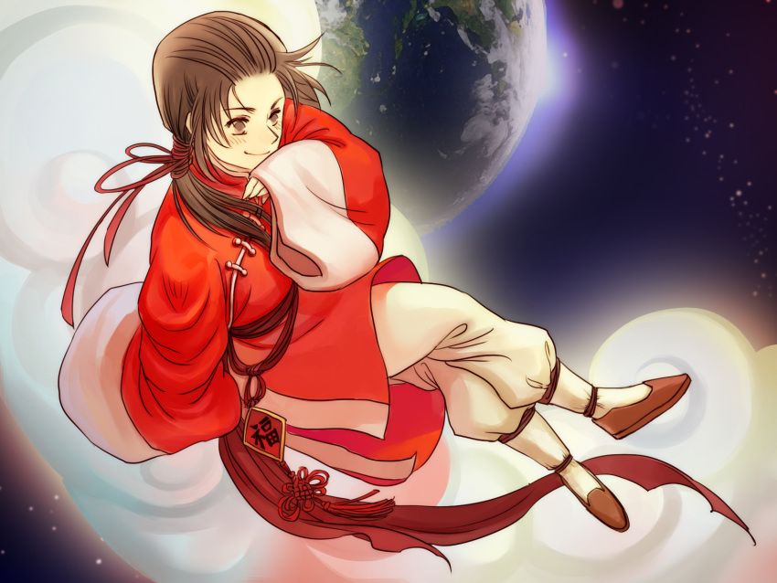 1boy axis_powers_hetalia blush brown_eyes brown_hair china_(hetalia) chinese_clothes closed_mouth cloud earth hangleing highres long_hair long_sleeves looking_at_viewer night night_sky planet ponytail sitting sky smile solo