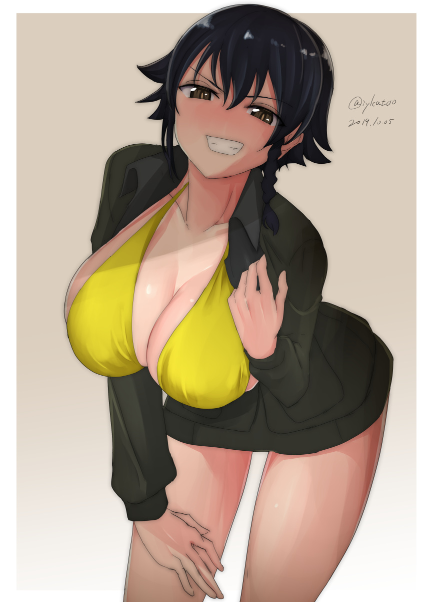 1girl absurdres artist_name bikini black_hair blush braid breasts brown_background brown_eyes cleavage collarbone dated eyebrows_visible_through_hair girls_und_panzer green_jacket grin highres irukatto jacket large_breasts looking_at_viewer open_clothes open_jacket parted_lips pepperoni_(girls_und_panzer) shiny shiny_hair shiny_skin short_hair simple_background smile solo swimsuit swimwear teeth yellow_bikini_top