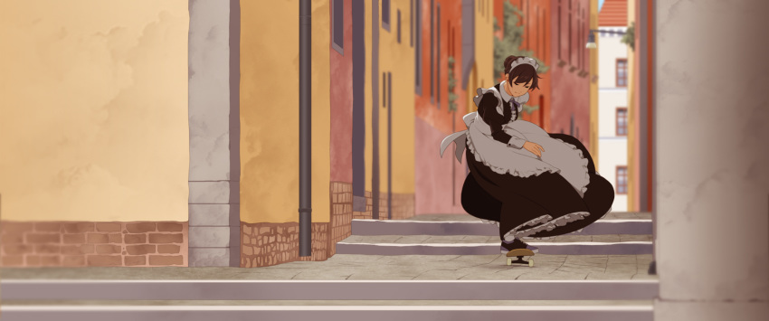 1girl apron bangs black_hair closed_eyes commentary dress frills from_side full_body highres long_hair long_sleeves maid maid_apron maid_headdress original road shoes skateboard skateboarding smile sneakers solo street suzushiro_(suzushiro333) town