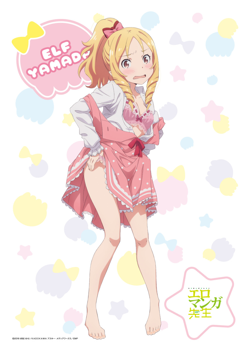 1girl artist_request bare_legs barefoot blonde_hair blush bow bra breasts brown_eyes character_name cleavage cropped dress dress_lift eromanga_sensei full_body hair_bow highres lifted_by_self long_hair looking_at_viewer off_shoulder official_art open_mouth panties pink_bra pink_panties ponytail ribbon-trimmed_bra ringlets small_breasts solo standing underwear yamada_elf