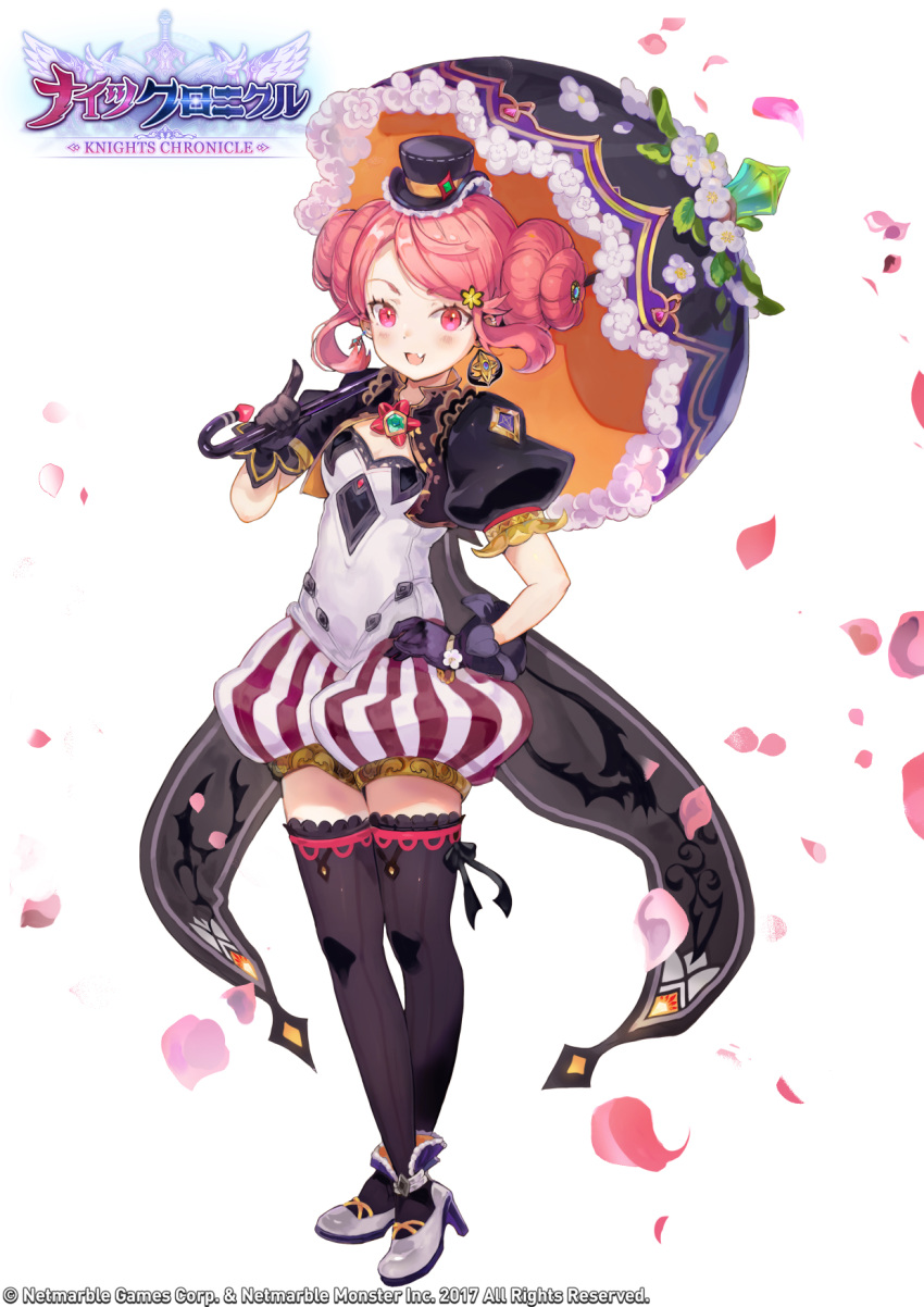 1girl bangs black_gloves black_legwear blush breasts brooch carolina_(knights_chronicle) coattails copyright_name cropped_jacket crossed_ankles double_bun earrings fang flower frilled_hat frills full_body gloves gokuma hair_flower hair_ornament hand_on_hip hat high_heels highres jewelry knights_chronicle leaf logo looking_at_viewer mini_hat mismatched_earrings official_art open_mouth pale_skin parasol petals pink_eyes pink_hair puffy_short_sleeves puffy_shorts puffy_sleeves short_sleeves shorts simple_background skin_fang small_breasts smile solo standing striped striped_shorts swept_bangs thighhighs top_hat umbrella watermark white_background