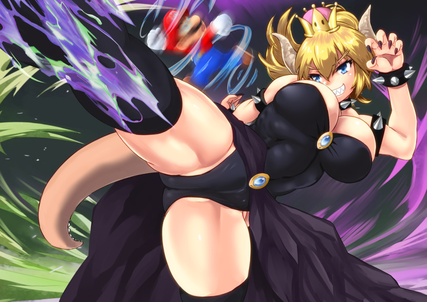 1boy 1girl black_legwear black_leotard blonde_hair blue_eyes bowsette bracelet breasts clenched_teeth collar crown horns jewelry kicking large_breasts leotard mario mario_(series) new_super_mario_bros._u_deluxe sharp_teeth short_hair smile spiked_armlet spiked_bracelet spiked_collar spikes super_crown tail teeth thighhighs thighs yamasan_(hachiman)