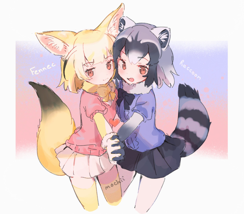 2girls :3 animal_ear_fluff animal_ears artist_name black_gloves black_hair black_neckwear blonde_hair blue_sweater blush bow bowtie commentary common_raccoon_(kemono_friends) cowboy_shot elbow_gloves eyebrows_visible_through_hair fang fennec_(kemono_friends) fox_ears fox_girl fox_tail fur_collar fur_trim gloves grey_gloves grey_hair grey_legwear grey_skirt highres holding_hands kemono_friends mochii multicolored_hair multiple_girls open_mouth pantyhose pink_skirt pink_sweater pleated_skirt puffy_short_sleeves puffy_sleeves raccoon_ears raccoon_girl raccoon_tail red_eyes short_hair short_sleeves skirt sweater tail thighhighs yellow_gloves yellow_legwear yellow_neckwear zettai_ryouiki