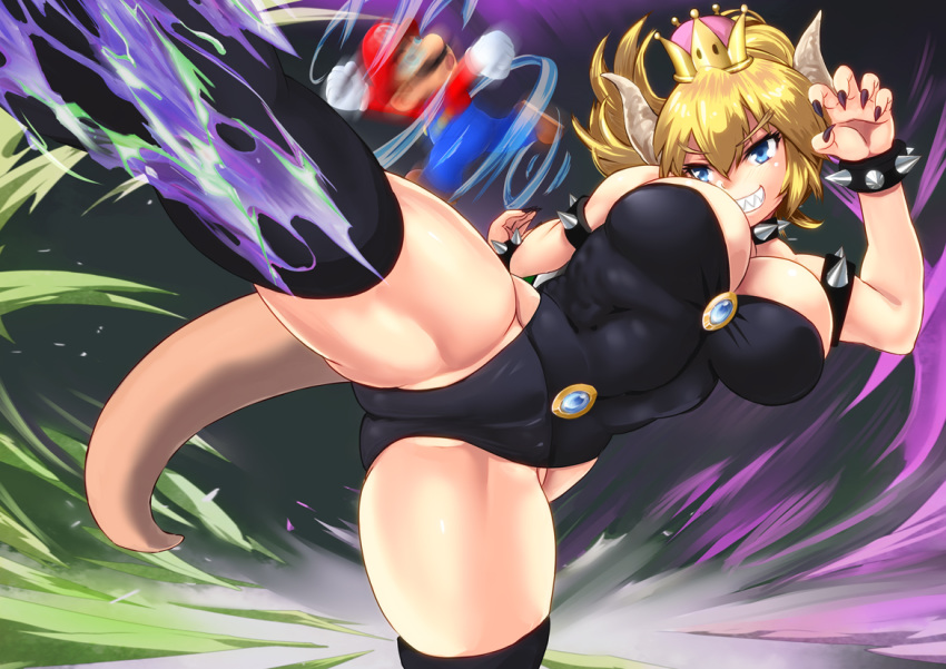 1boy 1girl black_legwear black_leotard blonde_hair blue_eyes bowsette bracelet breasts clenched_teeth collar crown horns jewelry kicking large_breasts leotard mario mario_(series) new_super_mario_bros._u_deluxe sharp_teeth short_hair smile spiked_armlet spiked_bracelet spiked_collar spikes super_crown tail teeth thighhighs thighs yamasan_(hachiman)