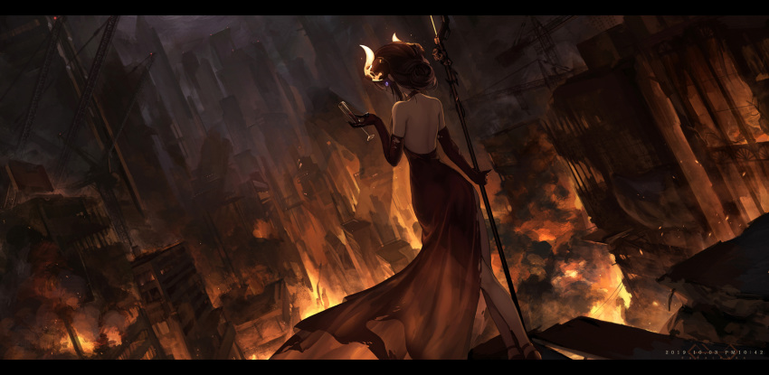 1girl ass bare_shoulders brown_hair building burning cityscape commentary crane crossed_legs cup cupping_glass curled_horns dated dress dutch_angle elbow_gloves fire from_behind gloves glowing glowing_eyes hair_bun highres holding holding_cup horns jakoujika letterboxed looking_away original outdoors profile purple_eyes red_dress red_gloves skindentation skyscraper sleeveless sleeveless_dress smoke solo standing torn_clothes torn_dress