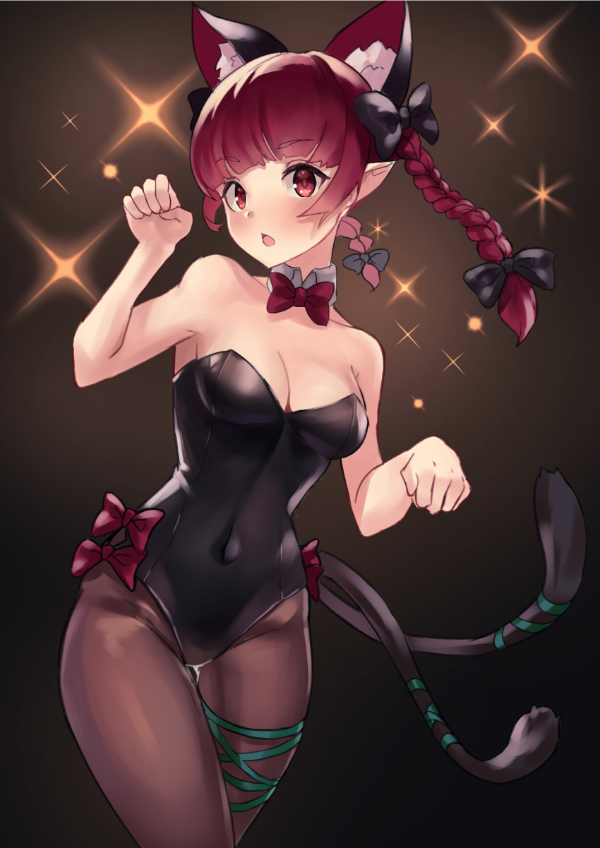 1girl alternate_costume amano_hagoromo animal_ear_fluff animal_ears bangs bare_arms bare_shoulders black_background black_bow black_leotard blush bow bowtie braid breasts brown_background cat_ears cat_tail chestnut_mouth cleavage commentary covered_navel cowboy_shot detached_collar eyebrows_visible_through_hair gradient gradient_background green_ribbon groin hair_bow hand_up highres kaenbyou_rin kittysuit leg_ribbon leotard long_hair looking_at_viewer medium_breasts multiple_tails nekomata open_mouth paw_pose pointy_ears red_bow red_eyes red_hair red_neckwear ribbon solo sparkle standing strapless strapless_leotard tail tail_ribbon thighs touhou twin_braids twintails two_tails