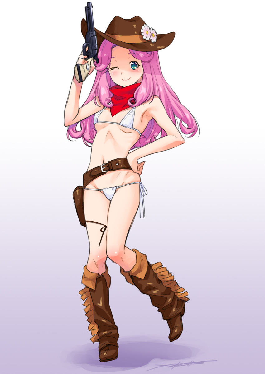 1girl ;) armpits belt belt_buckle bikini blue_eyes boots breasts brown_belt brown_footwear brown_headwear buckle closed_mouth flower full_body groin gun hanami_kotoha hand_on_hip hat hat_flower highres holding holding_gun holding_weapon kazuma_muramasa knee_boots long_hair looking_at_viewer mahou_girls_precure! micro_bikini one_eye_closed pink_hair precure red_scarf scarf shiny shiny_hair side-tie_bikini sideboob small_breasts smile solo swimsuit underboob weapon white_background white_bikini white_flower