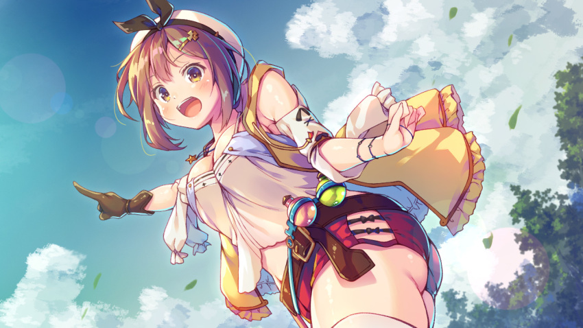 1girl ass atelier_(series) atelier_ryza bangs belt beret blush breasts brown_eyes brown_hair cleavage cloud cloudy_sky commentary_request dutch_angle eyebrows_visible_through_hair flask gloves hair_between_eyes hair_ornament hairclip hat jacket jewelry large_breasts leaf looking_at_viewer masaki_kei necklace open_mouth outdoors pointing red_shorts reisalin_stout shiny shiny_hair shirt short_hair shorts sidelocks single_glove sky sleeveless sleeveless_jacket solo star star_necklace swept_bangs thighhighs thighs white_shirt yellow_jacket