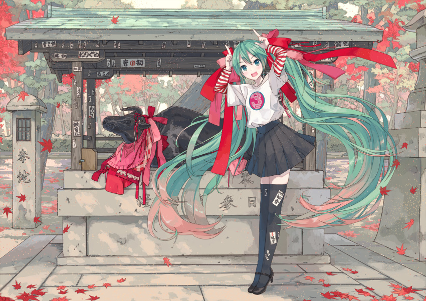 1girl 39 arms_up black_footwear black_legwear black_skirt bull commentary hair_ribbon hatsune_miku high_heels highres horns_pose index_fingers_raised ixima large_ribbon layered_sleeves leaf leaning_forward leaves_in_wind long_hair looking_at_viewer maple_leaf ofuda ofuda_on_clothes open_mouth outdoors petals pillar red_ribbon ribbon shirt shrine skirt smile solo standing statue stone_floor striped_sleeves t-shirt thighhighs tree twintails very_long_hair vocaloid wide_shot zettai_ryouiki