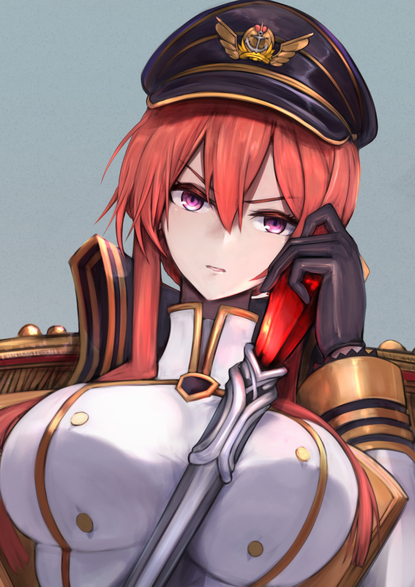 1girl azur_lane between_breasts black_gloves black_headwear breasts epaulettes gloves hair_between_eyes hat highres holding holding_staff large_breasts long_hair looking_at_viewer marshall2033 military military_hat military_uniform monarch_(azur_lane) parted_lips peaked_cap pink_eyes red_hair solo staff uniform upper_body v-shaped_eyebrows white_coat wing_collar