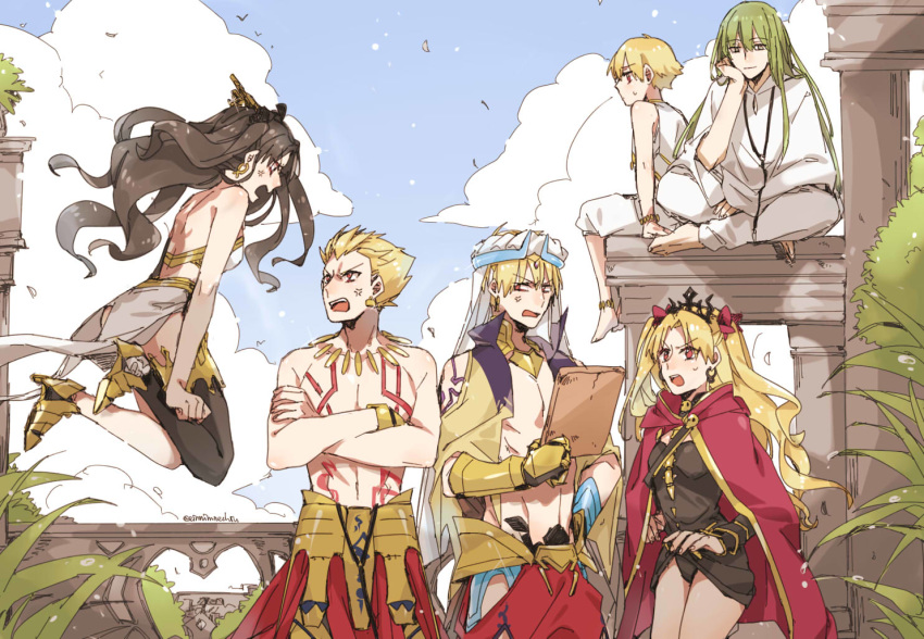 2girls 4boys 88_(einnimnech) anger_vein angry black_hair black_legwear black_ribbon blonde_hair blue_sky cape child_gilgamesh cloud column crossed_arms earrings enkidu_(fate/strange_fake) ereshkigal_(fate/grand_order) fate/grand_order fate/hollow_ataraxia fate/stay_night fate/strange_fake fate_(series) floating gilgamesh gilgamesh_(caster)_(fate) green_hair hair_ribbon hoop_earrings ishtar_(fate/grand_order) jewelry long_hair multiple_boys multiple_girls multiple_persona open_mouth pillar red_cape red_eyes red_ribbon ribbon shouting single_thighhigh sky stone_tablet sweatdrop thighhighs tiara two_side_up