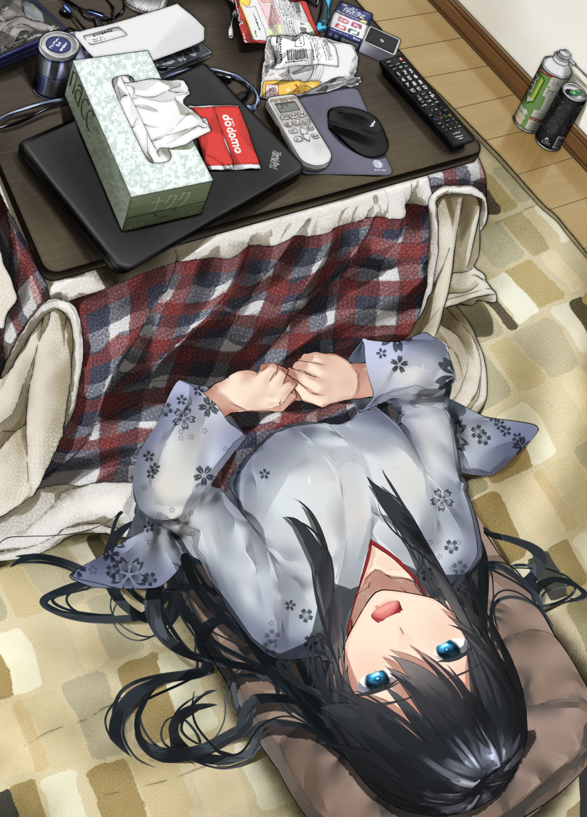 1girl araido_kagiri black_hair blue_eyes brand_name_imitation can clutter commentary_request computer controller dvd_case envelope eyebrows_visible_through_hair floral_print hair_between_eyes headphones highres japanese_clothes kimono kotatsu laptop long_hair looking_up lying messy_hair mouse_(computer) ntt_docomo on_floor original pillow remote_control saliva soda_can solo table thinkpad tissue_box under_kotatsu under_table wire yuki_onna