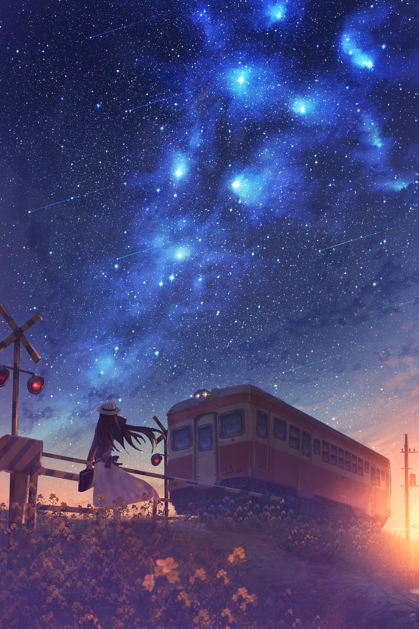 1girl absurdres back_bow black_bow black_hair black_shirt bow flower ground_vehicle highres holding kenzo_093 long_hair long_sleeves original outdoors path railroad_crossing scenery shirt shooting_star skirt sky solo star star_(sky) starry_sky sunset telephone_pole train white_headwear white_skirt