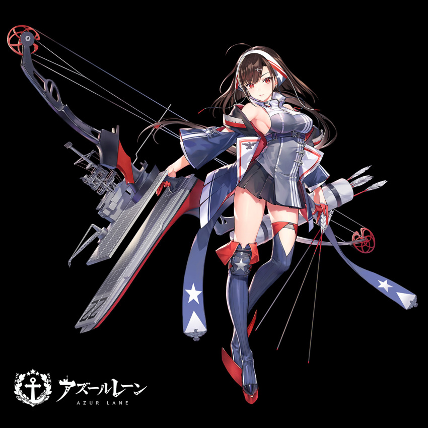 1girl ahoge anchor_hair_ornament arrow atdan azur_lane bare_shoulders black_legwear black_skirt bow_(weapon) breasts brown_hair commentary_request copyright_name dark_background hair_ornament hairband highres independence_(azur_lane) large_breasts long_hair looking_at_viewer pleated_skirt red_eyes red_footwear shoes skirt solo thighhighs very_long_hair weapon