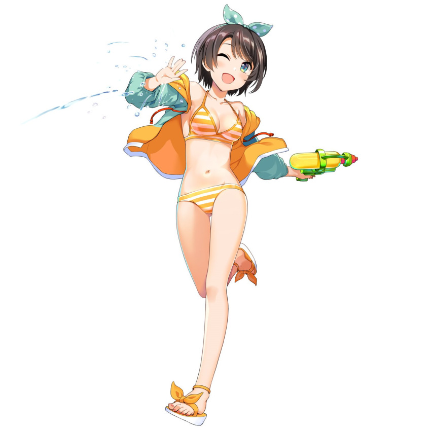 1girl ;d alternate_costume bangs bare_shoulders bikini black_hair blue_eyes breasts cleavage collaboration collarbone dawn_of_the_breakers full_body highres holding_water_gun hololive medium_breasts nail_polish navel official_alternate_costume official_art one_eye_closed oozora_subaru open_mouth orange_bikini orange_bikini_bottom orange_bikini_top orange_nails sandals short_hair smile solo striped striped_bikini swimsuit tongue virtual_youtuber wakaba water_drop water_gun white_background